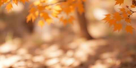 Sticker - Golden autumn leaves hang in the air, with a blurred forest background.