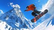 © somchai20162516 - Dynamic shot of a snowboarder jumping against a clear blue sky with snow-capped mountain peaks in the background.