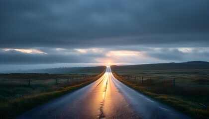 Mesmerizing illuminated road with glowing lights extending towards a misty horizon beneath a moody sky