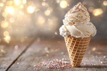 Wall Mural - Vanilla Ice Cream Cone with Sprinkles on a Wooden Surface with a Bokeh Background