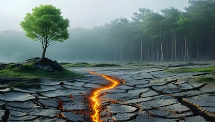 Wall Mural - Resilient green tree thriving on cracked volcanic landscape with a glowing fissure and misty forest backdrop