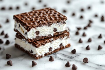 Wall Mural - Two Chocolate Chip Cookie Ice Cream Sandwiches on Marble