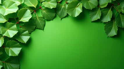 Fresh moringa leaves on green background Top view with copy space