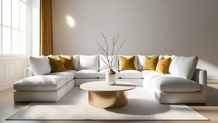 Interior design living room golden and white table with vase cushion golden and white fabric AI generative