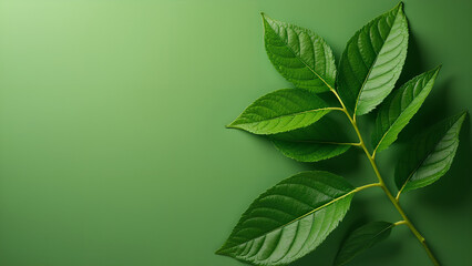 Fresh moringa leaves on green background Top view with copy space
