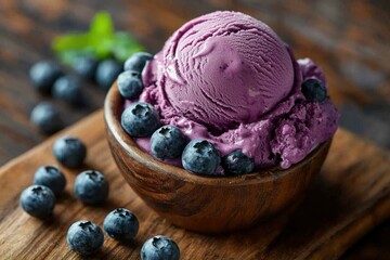 Wall Mural - Close-up of a wooden bowl filled with blueberry ice cream and fresh blueberries