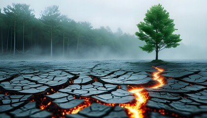 Wall Mural - Resilient green tree thriving on cracked volcanic landscape with a glowing fissure and misty forest backdrop