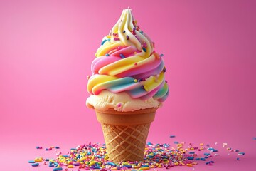 Wall Mural - A Rainbow Ice Cream Cone with Sprinkles on Pink Background