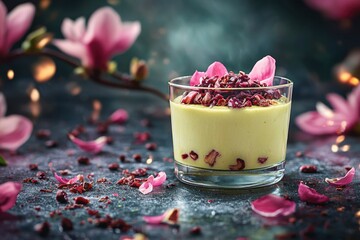 Wall Mural - Creamy Avocado Dessert Topped with Red Flower Petals in Glass