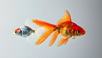 Vibrant orange goldfish and silver fish harmonizing against a minimalist backdrop, showcasing the exquisite beauty of aquatic life