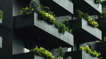 Wall Mural - Eco-friendly building. Sustainable office building with garden on balconies for reducing carbon dioxide. Office building with green environment. Corporate building reduce CO2. Net zero building.