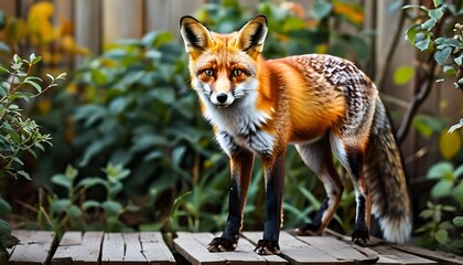 Wall Mural - Fox perched on wooden deck amidst garden greenery