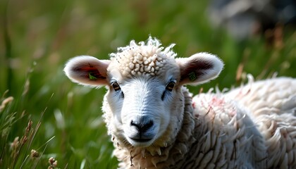 Wall Mural - Playful young Shetland sheep grazing in vibrant green grass