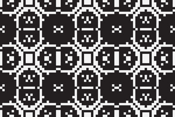 Wall Mural - Vector monochrome ornamental pattern in ethnic style. Traditional folk motif. Abstract geometric seamless texture with floral shapes, grid,