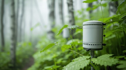 High-tech environmental monitoring system in forest. Advanced sensors and antennas camouflaged in nature. Collecting real-time data on wildlife activity and ecosystem health for conservation purposes.