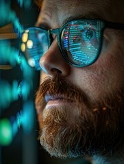 Canvas Print - A close-up of a man with a beard looking at a computer screen. AI.