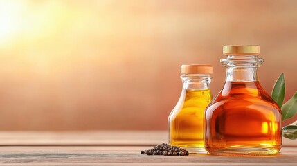 Golden Olive Oil Bottles: A picturesque still life showcasing two glass bottles of golden olive oil, bathed in warm sunlight, with a rustic wooden table and scattered black peppercorns. The image exud