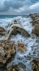 Wall Mural - Waves crashing against a piece of wreckage on a rocky shore. AI.