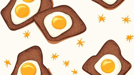 Seamless pattern featuring dark bread and sunny side up egg on a light background