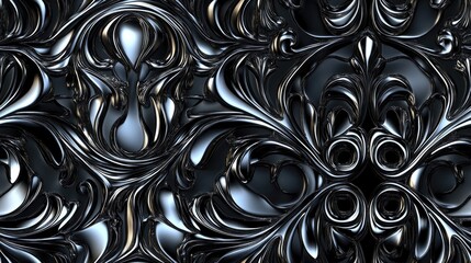 Seamless chrome patterned metal ornament isolated on black