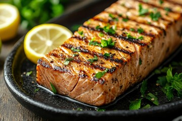 Wall Mural - Close-up of Grilled Salmon Fillet with Parsley on Black Plate