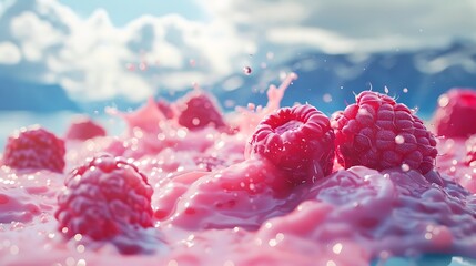 Wall Mural - Raspberry leaking into the lake and summer dairy fruit