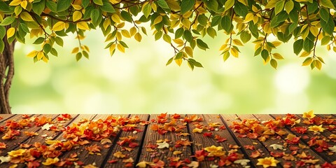 Wall Mural - Autumn leaves on a wooden surface with a green background.