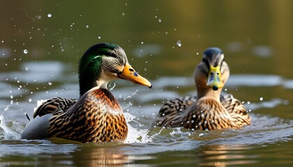 Laysan duck joyfully splashing in tranquil waters