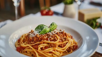 Delicious plate of pasta with rich meat sauce, fresh basil garnish, and ripe tomatoes, Italian cuisine served with Parmes