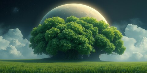 Sticker - A large green tree stands tall under a bright moon.