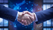 © Rsquare stock - networking business, business collaboration with a digital network, two businessmen shaking hands