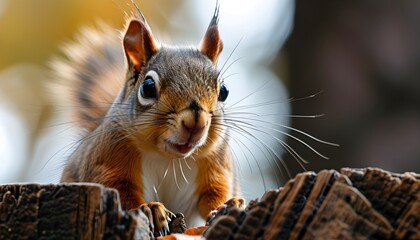 Wall Mural - Surprised Red Squirrel Curiously Peering from a Log