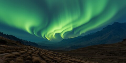 Wall Mural - A vibrant green aurora borealis lights up the night sky over a mountain range.