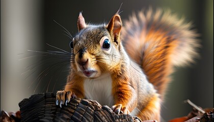 Wall Mural - Surprised Red Squirrel Curiously Peering from a Log