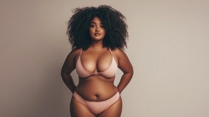 Self-love. Full-length image of young beautiful girl with plus size body shape posing in underwear against grey studio background. Concept of natural beauty, body positivity, care, acceptance