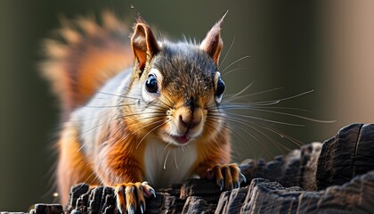 Wall Mural - Surprised Red Squirrel Curiously Peering from a Log