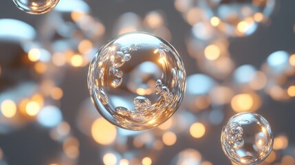 Wall Mural - Floating 3D bubbles made of glowing liquid metal, reflecting light as they rise in the air.