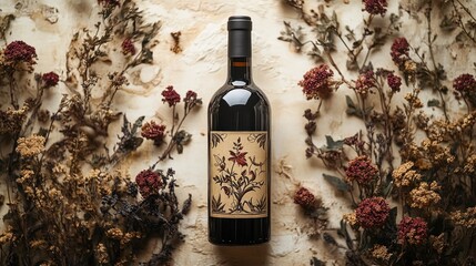 A wine bottle surrounded by dried flowers on a textured background.