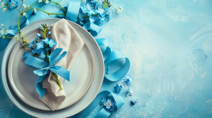 Elegant table setting featuring a decorative plate and folded napkin adorned with blue spring flowers and ribbon, ideal for mother's day celebrations or wedding dinners, complete with empty tag for pe