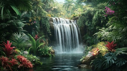 Sticker - Tranquil Waterfall in a Lush Tropical Forest