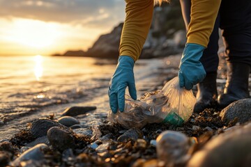 A close-up of a person wearing gloves, picking up plastic waste from a beach