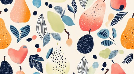 Trendy pear backgrounds with doodle fruits and abstract plant textures Contemporary fashion print featuring a seamless eco friendly pattern