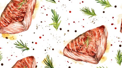 Seamless pattern featuring grilled tuna and rosemary Watercolor food backdrop with fish steak and spices in red brown and green hues ideal for kitchen cooking menu restaurant nutrition and packagi