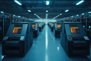 Wall Mural - Rows of industrial machines with illuminated panels in a dimly lit room.