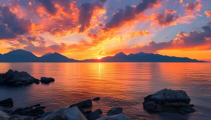 Wall Mural - Serene sunset over tranquil ocean with vibrant orange and pink sky, distant mountains, and rocky foreground creating a picturesque landscape.