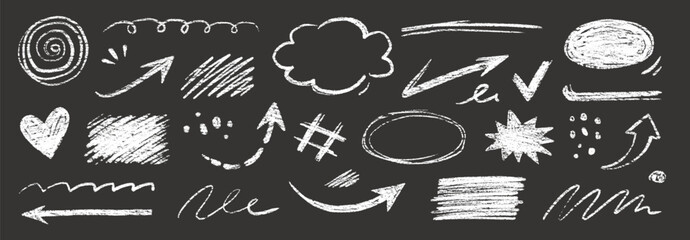 Poster - Doodle line chalk brush element set on blackboard. Chalkboard texture brush stroke square, spiral, arrow element scribble line hand drawn sketch design. Crayon pencil style. Vector illustration.