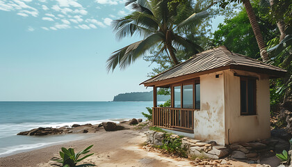 Relaxing beachside moments with a brown nipa hut and daytime ocean view