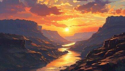 Sticker - Tranquil canyon sunset with a winding river beneath a colorful sky filled with clouds and soft golden light