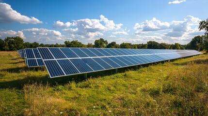 Wall Mural - Solar Panels Array in Green Field with Blue Sky and Clouds