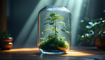 Poster - mystical plant enclosed in a glass container radiating an enchanting glow